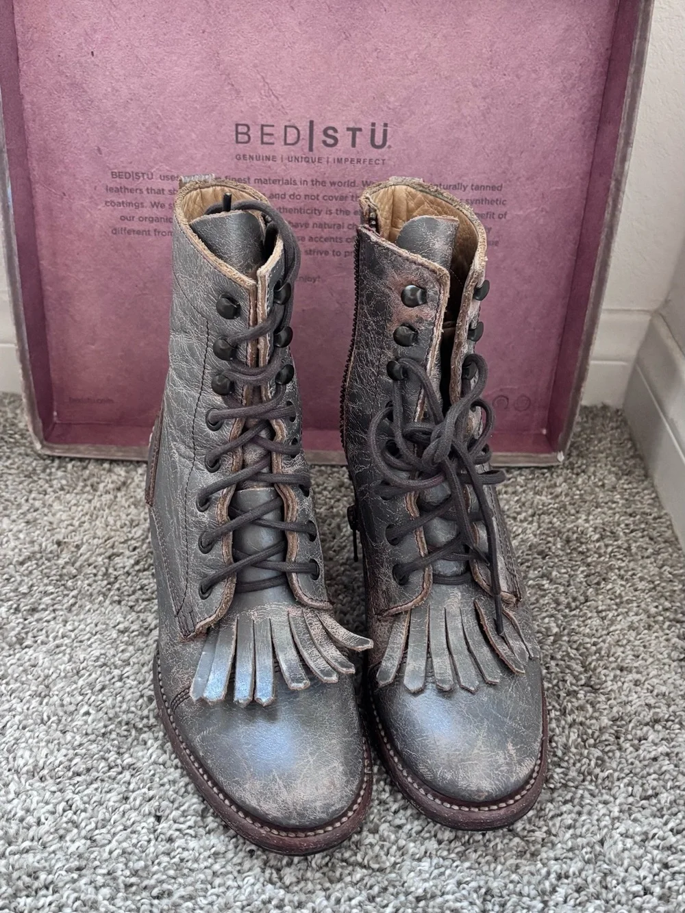 BED STU Gray Leather Fringe Lace-Up Ankle Boots